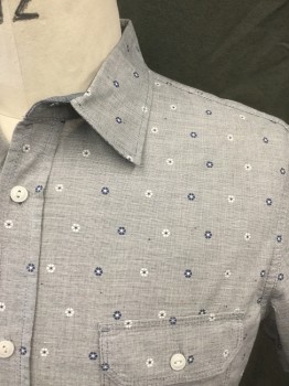 WALLIN & BROS, Gray, White, Navy Blue, Cotton, Check - Micro , Floral, Black/White Micro Grid Appears Gray, Navy/White Floral Pattern, Button Front, Collar Attached, Short Sleeves, 1 Flap Button Pocket