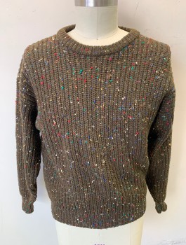 GAP, Brown, Multi-color, Wool, Chunky Ribbed Knit, Confetti Speckles, Pullover, U-Neck,
