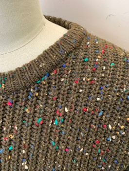 GAP, Brown, Multi-color, Wool, Chunky Ribbed Knit, Confetti Speckles, Pullover, U-Neck,