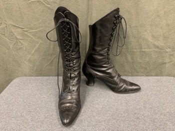PETER FOX, Black, Leather, Solid, Perforated Cap Toe, High Ankle Hook/Ties, Medium Low Heel,