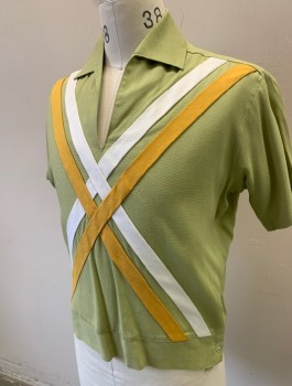 HOWARD SPORTSWEAR, Lt Green, Yellow, White, Cotton, Geometric, Short Sleeves, Pullover, Yellow and White 1" Wide Appliqué Stripes Forming An "X" Across Chest, V-neck, Collar Attached,