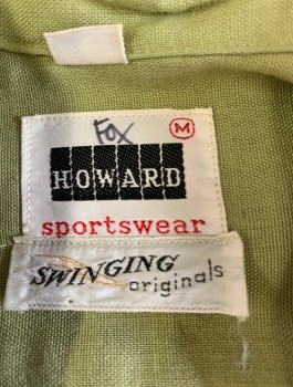 HOWARD SPORTSWEAR, Lt Green, Yellow, White, Cotton, Geometric, Short Sleeves, Pullover, Yellow and White 1" Wide Appliqué Stripes Forming An "X" Across Chest, V-neck, Collar Attached,