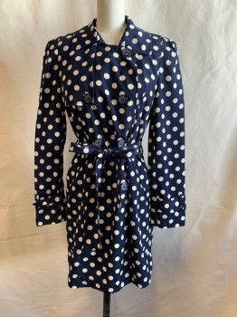 Womens, Casual Jacket, FOREVER 21, Navy Blue, Beige, Polyester, Polka Dots, S, with Matching Belt, Collar Attached, Double Breasted, Single Breasted, Button Front, Long Sleeves