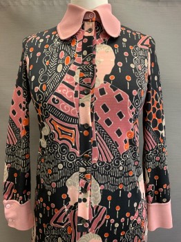 Womens, Dress, Goldworm, Black, Blush Pink, Mauve Pink, Red, Tan Brown, Polyester, Abstract , 12, L/S, Collar Attached, Button Front,