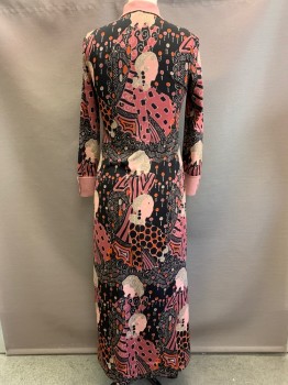 Goldworm, Black, Blush Pink, Mauve Pink, Red, Tan Brown, Polyester, Abstract , L/S, Collar Attached, Button Front,