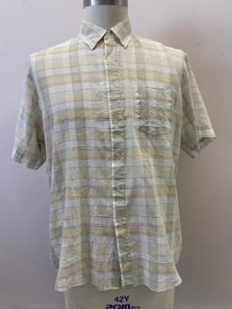 WEDGEFIELD, Beige, White, Cream, Polyester, Cotton, Plaid, S/S, B.F., C.A., Chest Pocket