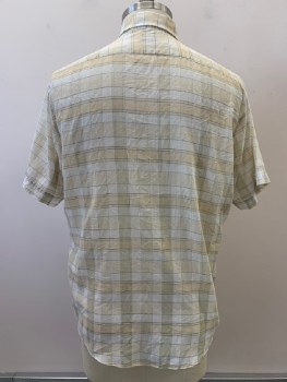 Mens, Casual Shirt, WEDGEFIELD, Beige, White, Cream, Polyester, Cotton, Plaid, XL, S/S, B.F., C.A., Chest Pocket