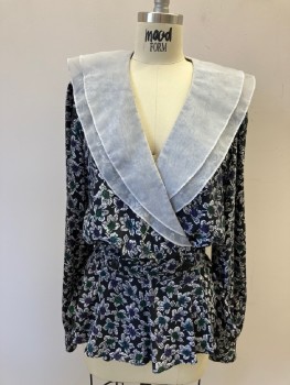 MAGGY, Black, White, Multi-color, Polyester, Floral, Floaty Fabric, DB. White Organza Double Shawl Lapel with Modesty Closure, L/S with Button Cuffs, 2 Buttons On Insert Waistband, Fluttery Peplum