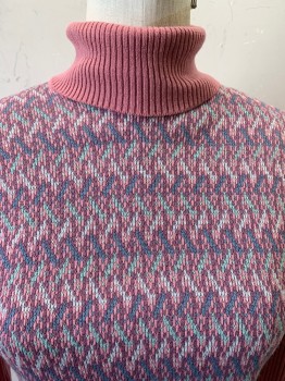 Womens, Sweater, NO LABEL, Pink, Purple, Blue, Mint Green, Cotton, Zig-Zag , 32, Pullover, L/S, Turtleneck, Ribbed