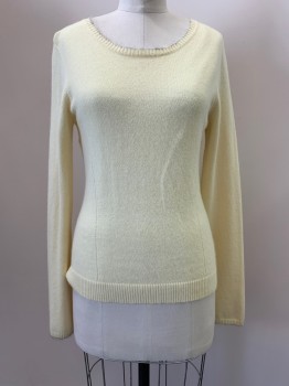Womens, Pullover, DKNY, Lt Yellow, Wool, Angora, Solid, S, L/S, Round Neck, White Fuzzy Trim