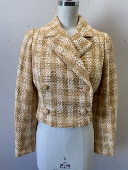 Womens, 1960s Vintage, Suit, Jacket, SUZANNE PONTIEU, Tan Brown, Beige, Cream, Cotton, Stripes - Vertical , Grid , B:32, Blazer, Straw Colored Fabric with "X" Shaped Embroidery, Double Breasted, Notched Lapel, Short Waisted, Self Fabric Covered Buttons, Butter Yellow Lining,
