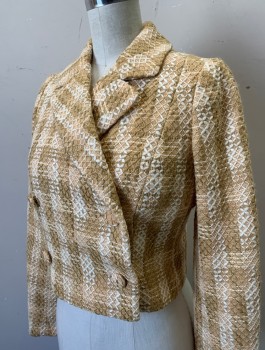 Womens, 1960s Vintage, Suit, Jacket, SUZANNE PONTIEU, Tan Brown, Beige, Cream, Cotton, Stripes - Vertical , Grid , B:32, Blazer, Straw Colored Fabric with "X" Shaped Embroidery, Double Breasted, Notched Lapel, Short Waisted, Self Fabric Covered Buttons, Butter Yellow Lining,