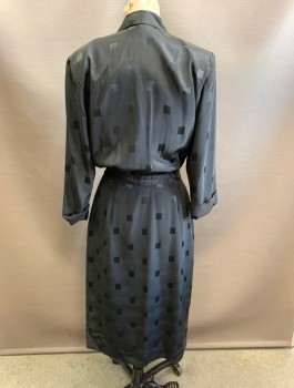 SK & COMPANY, Black, Polyester, Self Square Pattern, C.A., Surplice, 3/4 Sleeve, Wrap Around, Buttons at Waist, Hem Below Knee