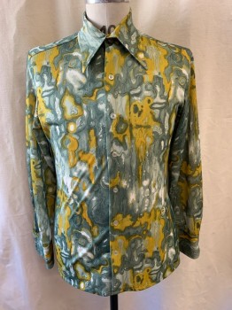 Mens, Shirt Disco, JC PENNEY, Sage Green, Dk Green, White, Yellow, Polyester, Abstract , M, Marble Pattern, Collar Attached, Button Front, Long Sleeves