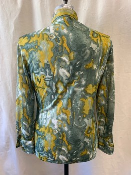 Mens, Shirt Disco, JC PENNEY, Sage Green, Dk Green, White, Yellow, Polyester, Abstract , M, Marble Pattern, Collar Attached, Button Front, Long Sleeves