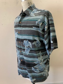 Mens, Casual Shirt, TOMMY BAHAMA, Gray, Slate Blue, Cream, Silk, Floral, Stripes - Horizontal , M, Tropical Flowers, S/S, Button Front, C.A.