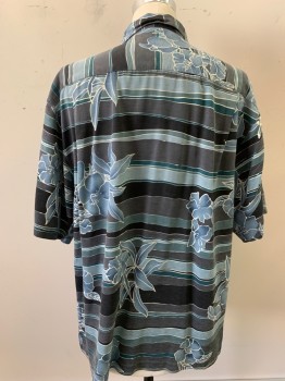Mens, Casual Shirt, TOMMY BAHAMA, Gray, Slate Blue, Cream, Silk, Floral, Stripes - Horizontal , M, Tropical Flowers, S/S, Button Front, C.A.