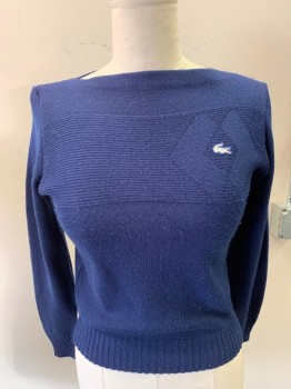 Womens, Sweater, HAYMAKER LACOSTE, Navy Blue, Acrylic, Solid, B:36, Pullover, L/S,  Bateau/Boat Neck, Knit with Self Stripe/diamond, Rib Knit Cuffs and Waistband, Lacoste Logo