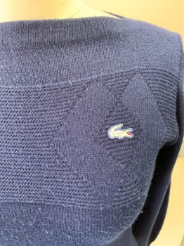 Womens, Sweater, HAYMAKER LACOSTE, Navy Blue, Acrylic, Solid, B:36, Pullover, L/S,  Bateau/Boat Neck, Knit with Self Stripe/diamond, Rib Knit Cuffs and Waistband, Lacoste Logo