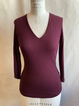 Womens, Top, INC., Red Burgundy, Rayon, Spandex, Solid, M, Ribbed Knit, V-neck, 3/4 Sleeve