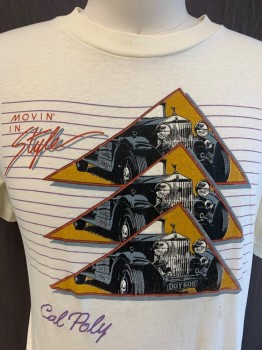 Mens, T-shirt, N/L, Ecru, Cotton, Polyester, Novelty Pattern, M, Graphic Rolls Royce In Triangle With "Movin' In Style, Cal Poly" Text, S/S, CN,