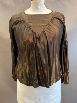 Womens, Top, NL, Copper Metallic, Black, Silk, 2 Color Weave, B: 42, Pullover, Scoop Neck, L/S, Pleated Mid Sleeve