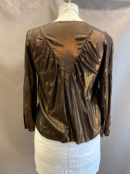 NL, Copper Metallic, Black, Silk, 2 Color Weave, Pullover, Scoop Neck, L/S, Pleated Mid Sleeve