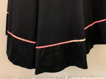 NL, Black, Wool, Polyester, Solid, Crepe Like Weave,wrap Front Panel, Grosgrain Edge with Thin  Pink ribbon , Small Fade Section on Pink rear Bottom.