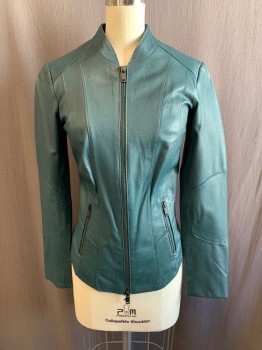 Womens, Leather Jacket, DANIER, Forest Green, Leather, S, Mandarin Collar, Zip Front, 2 Zip Pockets, Vertical Seams on Back