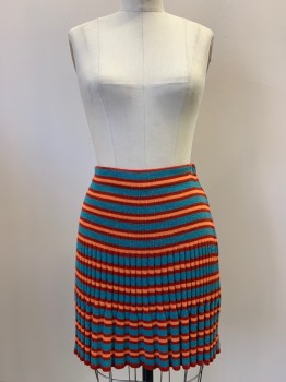 Womens, Skirt, OILEY, Red, Blue, Orange, Wool, Polyester, Stripes, W26, Knit, Elastic waist Band, Pleated Bottom