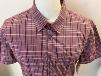 MARC ECKO, Red Burgundy, White, Cotton, Heathered, Plaid, Short Sleeves, Button Front, Collar Attached, *darts Added in Back to Make Slim Fit