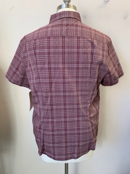 MARC ECKO, Red Burgundy, White, Cotton, Heathered, Plaid, Short Sleeves, Button Front, Collar Attached, *darts Added in Back to Make Slim Fit