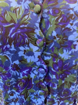 Womens, 1950s Vintage, Dress, N/L, Midnight Blue, Purple, Cotton, Rayon, Floral, W:34, B: 40, L/S, Hem Below Knee, Jersey, Scallop Collar & Placket, *with Matching Belt* Barcode [CF051359]