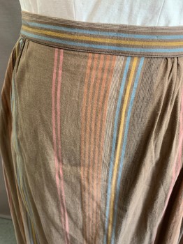 Womens, Historical Fiction Skirt, NL, Lt Brown, Blue, Yellow, Pink, Cotton, Stripes, 34+, Drawstring