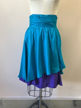 Womens, Skirt, PLATINUM, W25, Turquoise with Purple Under Layer, Silk, Gathered Waist Band, Back Zip, Knee Length