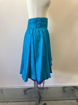 PLATINUM, Turquoise with Purple Under Layer, Silk, Gathered Waist Band, Back Zip, Knee Length
