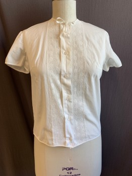 POHLAUDT , White, Cotton, Solid, Basket Weave, Short Sleeves, Crew Neck, 6 White Buttons Down Front, Snap and Tie at Neck, White Panels with Basket weave Pattern