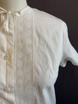 Womens, Blouse, POHLAUDT , White, Cotton, Solid, Basket Weave, B38, Short Sleeves, Crew Neck, 6 White Buttons Down Front, Snap and Tie at Neck, White Panels with Basket weave Pattern