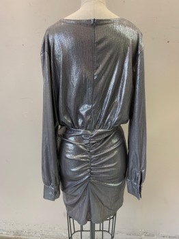 NL, Silver, Poly/Cotton, Stripes - Vertical , Self Vertical Stripe, Deep V Surplice Neckline, Long Sleeves, Elastic Waist, Piece of Fabric Draping From Waist, Ruched at Back Skirt, Zip Back, Hem Above Knee