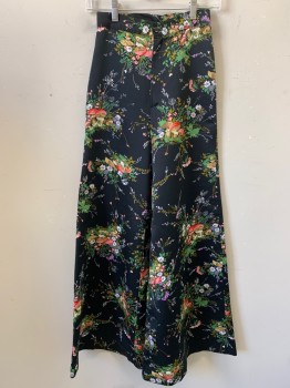 Womens, Pants, MTO, Black, Brown, Red, Pink, White, Polyester, Floral, W23, Zip Front, Wide Leg , Slightly Shiny Satiny, Made To Order,