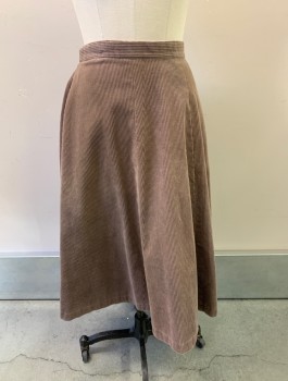 N/L, Lt Brown, Cotton, Solid, Corduroy, A-Line, Hem Below Knee, 1" Wide Self Waistband, Hook/Bar Closure And Snaps At Back Waist