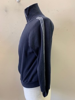 NO LABEL, Navy Blue, White, Cotton, Solid, Stripes, L/S, Turtleneck, Zip Front, Stripe Band On Sleeves