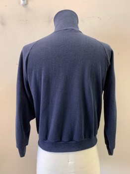 NO LABEL, Navy Blue, White, Cotton, Solid, Stripes, L/S, Turtleneck, Zip Front, Stripe Band On Sleeves