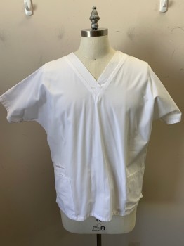 CHEROKEE, White, Cotton, Polyester, Solid, Short Sleeves, V-neck, 3 Patch Pockets at Hip