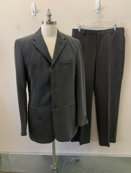 Mens, Suit, Jacket, EMPORIO ARMANI, Dk Gray, Viscose, Polyester, Solid, Stripes - Diagonal , 34/33, 40L, Single Breasted, 3 Buttons, Notched Lapel, 3 Pockets, 3 Button Cuffs