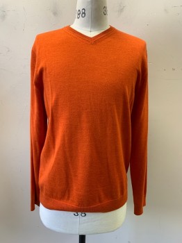 Mens, Pullover Sweater, BANANA REPUBLIC, Red-Orange, Wool, Solid, M, L/S, V Neck,