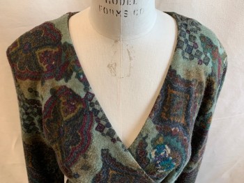 VANITY, Green, Moss Green, Brown, Red Burgundy, Teal Blue, Acrylic, Novelty Pattern, Long Sleeves, V-neck, Surplice Wrap with 2 Colorful Embellished Button Front, Novelty Floral, Knit, Back Zip,