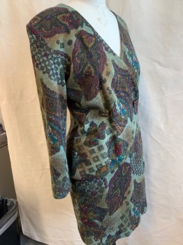 VANITY, Green, Moss Green, Brown, Red Burgundy, Teal Blue, Acrylic, Novelty Pattern, Long Sleeves, V-neck, Surplice Wrap with 2 Colorful Embellished Button Front, Novelty Floral, Knit, Back Zip,