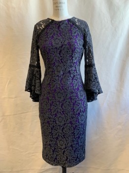 CALVIN KLEIN, Pewter Gray, Purple, Polyester, Floral, Pewter Floral Lace Over Purple Lining, 3/4 Sleeve with Asymmetrical Ruffle Cuff, Zip Back, Hem Below Knee