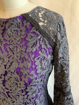 CALVIN KLEIN, Pewter Gray, Purple, Polyester, Floral, Pewter Floral Lace Over Purple Lining, 3/4 Sleeve with Asymmetrical Ruffle Cuff, Zip Back, Hem Below Knee